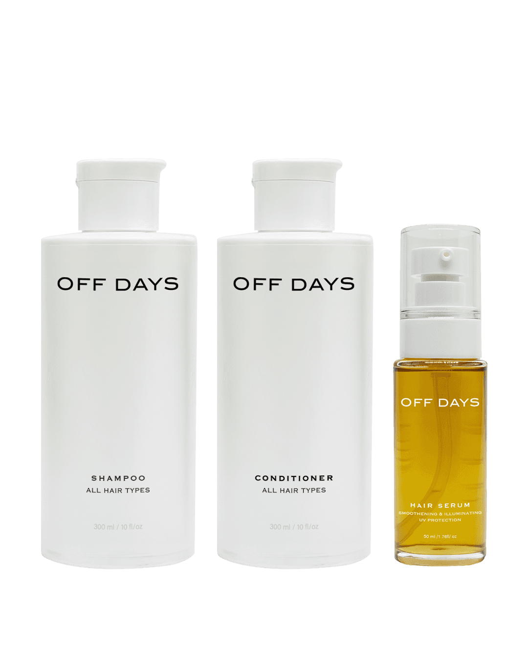 Off Days Sulfate free shampoo and conditioner. Award winning hair serum for heat and UV protection the unltimate combo
