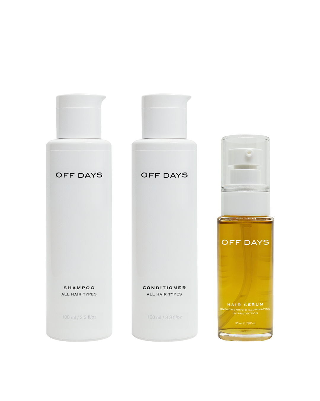 OFF DAYS Travel Size Mini Duo & Serum — 100ml sulfate-free shampoo, conditioner and serum for travel